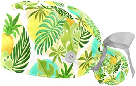 2 Pacote de tampa de trabalho ajustável, chapéu de bouffante com botão com puxão elástico para trás chapéus para homens homens de abacaxi tropical