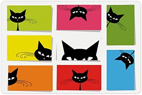 Tapete de estimação engraçado lunarable para comida e água, rostos de gatos de diferentes ângulos em quadrados coloridos design
