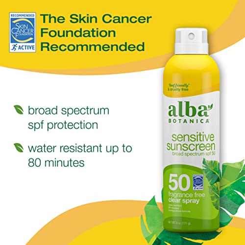Alba Botanica Protetor solar para face e corpo, protetora solar sem fragrâncias para pele sensível, Broad Spectrum SPF 50, resistência à água, 6 fl. oz. Garrafa