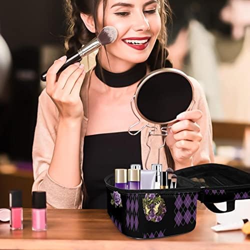 Saco de maquiagem pequeno, organizador cosmético da bolsa com zíper para mulheres e meninas, Butterfly Rose Purple Diamond Check Argyle Padrão