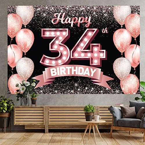 Feliz aniversário de 34 anos de ouro rosa banner cenário aplaga a decoração de balões de confete de 34 anos decoração de decoração