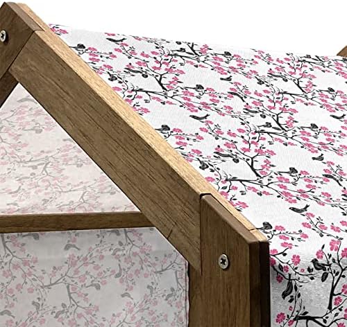 Ambesonne Cherry Blossom Wooden Pet House, Sakura Tree Flores e Birds Silhuetas Pretas, canil portátil de cão portátil interno e externo com travesseiro e tampa, pequeno, preto quente rosa branco