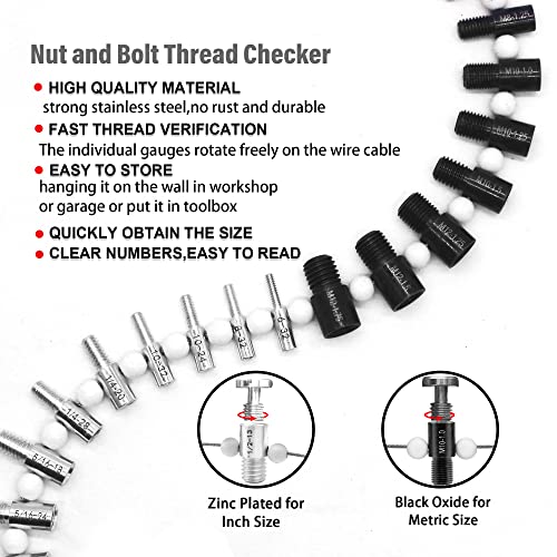 TENLUNO NUT & BOFt Thread Checker - Ferramenta de medição de tamanho para nozes imperiais e métricas e 26 medidores de malefemale - 14 polegadas e 12 polegadas
