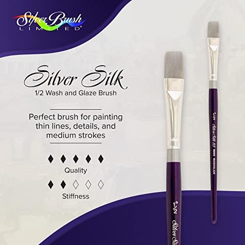 Silver Brush Limited 8808s Lavagem de seda prateada e escovas de esmalte para aquarela, guache e tinta acrílica, tamanho 1/2 polegada, alça curta