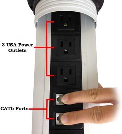 Potência vertical de mesa, vídeo e data center - 3 potência, 1 CAT6 RJ45, 1 VGA, 1 HDMI, 1 Passagem USB