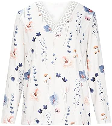 Túnica tops para moda feminina boho camisas florais de renda de renda de retalhos profundos de gola em v mangas compridas blusas de blusa casual fit