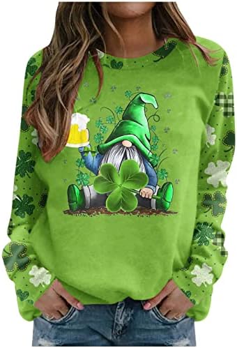 Funny St Patrick's Day Sweworkshirts for Women Gnome Cute Shamrocks Camisetas gráficas Tops de férias de manga longa roupas