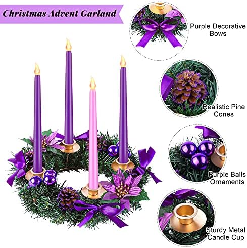 McEAST 11,8 polegadas de natal de natal grinaldas de vela purple ribbon advento grinaldas decoração de peça central com 4 velas