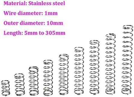 As molas de compressão são adequadas para a maioria dos reparos I Diâmetro do fio 1 mm de aço inoxidável compressão Diâmetro externo da mola de 10 mm comprimento da mola de 5 mm-305mm