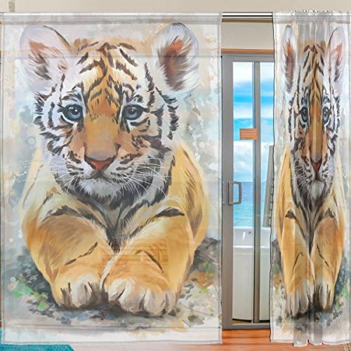 Colourlife Cute Tiger Tiger Sheer Gaze Porta Cortina Janela cortina cortina para sala de estar Crianças Decoração de tratamento de janela W55 x L84 polegadas Conjunto de 2 painéis