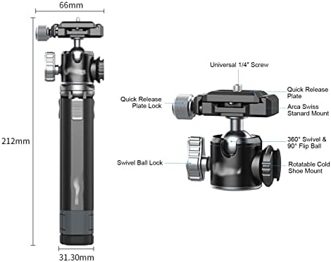 DSFeoigy Câmera Vídeo VLOG Kit de câmera Tripé Redução rápida Ballhead de 2,5 kg de carga útil com interface de 1/4 de polegada rotatável de 1/4 de polegada
