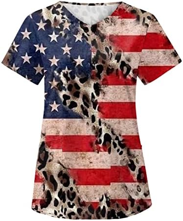 4 de julho T T-shirts para mulheres bandeira dos EUA T-shirt de manga curta V pescoço com 2 bolsos Blush Top Holiday Casual