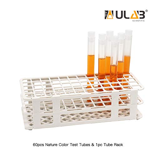 Ulab científicos de tubos de tubo branco e tubos de teste de plástico, incluem 1pc de rack de tubo branco, 60pcs de tubos de teste de festa de plástico, cor da natureza, UTR1015