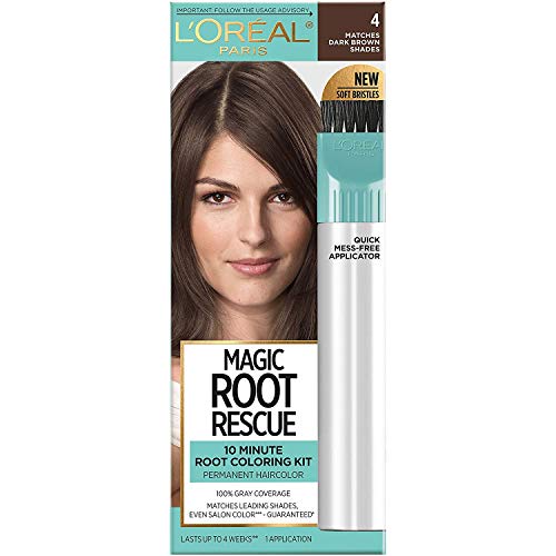 L'Oreal Paris Magic Root Rescue 10 minutos Raiz Hair Coloring Kit, cor de cabelo permanente com aplicador de precisão rápida, cobertura 100 % cinza, 4 marrom escuro, 1 kit