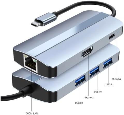 Raziel Type-C Hub 6 em 1 USB C a 4K HDMI+1000M RJ45+PD 100W Carga+USB 3.0 * 3 Dock para MacBook Windows Laptop