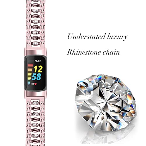 EIEUUK Metal Band Compatível com Fitbit Charge 5 Jóias acessórias Bling Diamond Rhinestone Rethless Aço Antecedor Candy Substituição Pulseira de pulseira de pulseira, rosa rosa