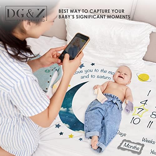 DG & Z Coisas boas cobertores de marco para meninos e meninas - 39 x 47 - Premium Fleece Baby Milestone Blain - incl. Quadro de imagem e 2x marcadores+ gráfico de crescimento