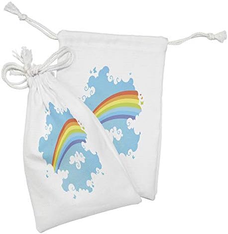 Conjunto de bolsas de tecido arco -íris de Ambesonne de 2, cena colorida com nuvens em um tema da natureza de linhas em tons azuis em tons azuis, pequeno saco de cordão para máscaras e favores de produtos de higiene pessoal, 9 x 6, multicolor