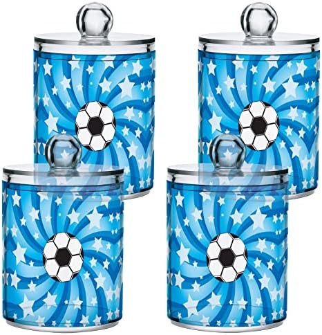 Yyzzh Soccer estrela o dispensador de suporte esportivo de redemoinho azul 4 pacote de pacote QTIP para algodão Round Pads Floss 10 Oz Jar jarra de boticário para o organizador de maquiagem de armazenamento de banheiros de banheiro