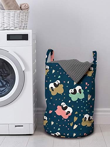 Bolsa de lavanderia de Panda de Ambesonne, personagens de estilo de doodle com estrelas e bolinhas, cesto de cesto com alças fechamento de cordão para lavanderia, 13 x 19, azul multicolor