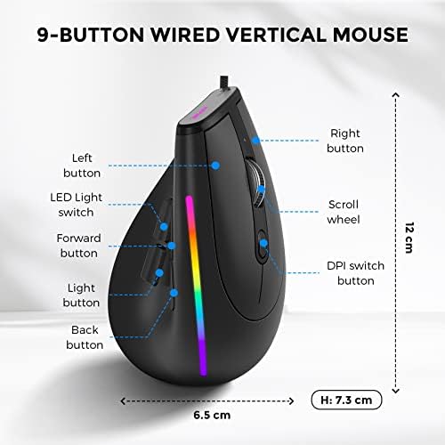 Mouse sem fio ergonômico ECHTPower, mouse vertical com receptor de 2,4 GHz, mouse silencioso com DPI ajustável 1000/1600/2400,