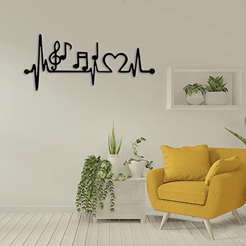 Jilip Music Symbols Arte de parede de metal, sinal de silhueta de metal preto, decoração de parede da música do coração, para escultura