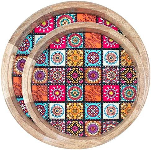 Bandeja de porção redonda de madeira - bandeja de mesa de café para balcão de cozinha, bandeja otomana, bandeja