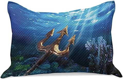 Ambsosonne Neptune micoteca de colcha, ilustração subaquática com um tridente e corais vívidos, cobertura padrão de travesseiro de tamanho king para quarto, 36 x 20, multicolor azul cobalto