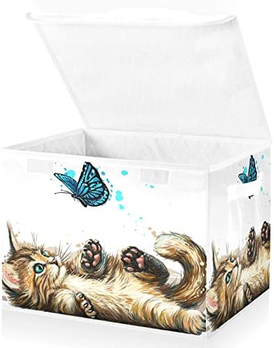 Innwgogo Cat Butterfly Bins com tampas para organizar a cesta de organizadores com tampa com alças Oxford Ploth Storage Cube Box for Dog Toys