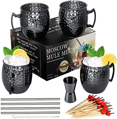 Canecas de Moscou Mule- Conjunto de 4 canecas de aço inoxidável preto de metal, 18oz, copo de medição, picaretas de coquetel para bebidas