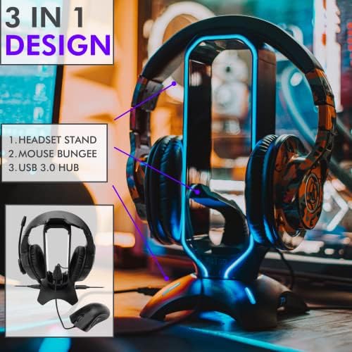 Tilted Nation RGB Headset Stand and Gaming Headphone Stand para exibição de mesa com mouse bungee corda de bungee titular - titular de fone de ouvido com USB 3.0 para xbox, ps4, pc - acessórios para jogos perfeitos presentes