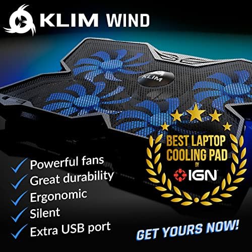 Klim Wind Laptop Pad para resfriamento - mais de 500.000 unidades vendidas - Novo 2023 - poderoso laptop de ação rápida - suporte de laptop com 4 ventiladores de resfriamento - 2 portas USB - PC Mac PS5 PS4 Xbox One - Black/Blue