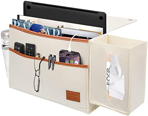 JupiterSecret Caddy à beira da cabeceira com caixa de lenços de papel e suporte para garrafa para laptop para iPad Magzine de controle remoto, organizador de armazenamento de cabeceira para dormitório de beliche de mesa de mesa de cabeceira