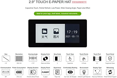2,9 polegadas Touch E-PAPER HAT para Raspberry Pi 4b/3b+/3b/2b/zero/zero w/wh, 296 × 128 pixels 5 pontos preto/branco 3,3V/5V Touch Touch E-tint Screen, suporte de interface SPI Atualização parcial