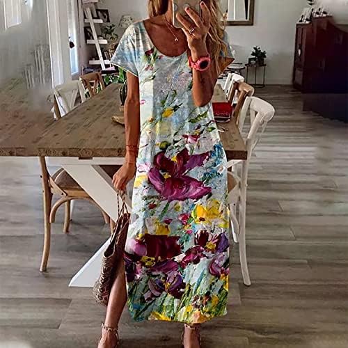 Vestido maxi de verão feminino Pintura solta Pintura floral vestidos longos vestidos de manga curta dividida no