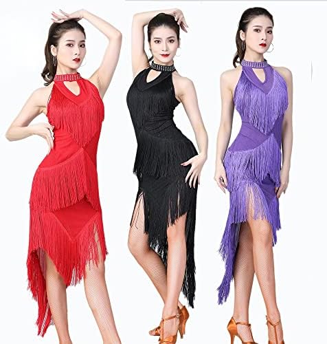 Pdgjg mulheres deslumbrantes roupas de dança de pescoço alto spandex franjas vestidos latinos vestido longo irregular