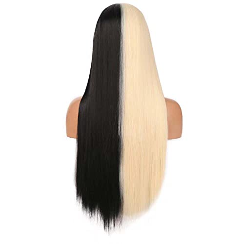 Rongduoyi meio preto meio loiro perucas com bangs 2 perucas sintéticas retas e sedosas para mulheres garotas de aparência de moda de