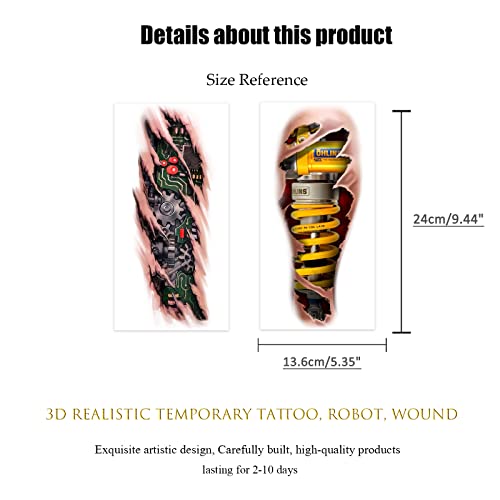Roarhowl Machine muito legal 3D Tattoos falsos realistas ， Tatuagens temporárias de maquiagem de robôs de feridas