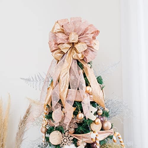 Sunshine Christmas Tree Topper, enfeite de arco do topper de árvore de Natal com transmissão de malha de cetim glitter, para decorações de arbustos de Natal