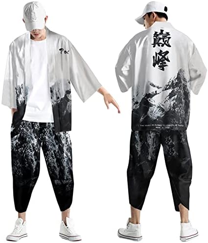Xiloccer Men's Japanese Japão Janta Japonesa Terno do Set Pressado Aberto de Sete Manga Kimono Cacacos e Calças