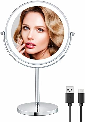 Heculiju de 8 polegadas Recarregável espelho de maquiagem com luzes LED, espelho de vaidade de mesa de lupa 1x/10x de dupla face HD com 3 luzes coloridas e brilho ajustável, 360 ° ROTAÇÃO DE MENINA DE ROTAÇÃO