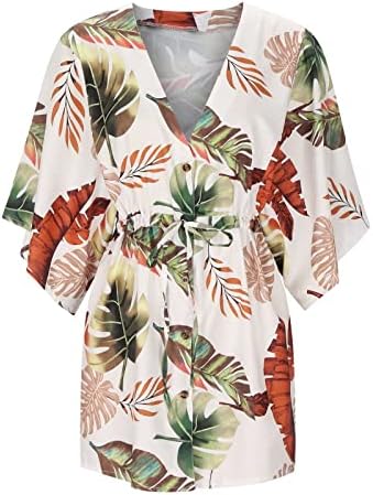 Vestido boêmio para mulheres, verão feminino 3/4 de manga V vestido de férias de pescoço boho estampa drawstring Sun Beach Dress