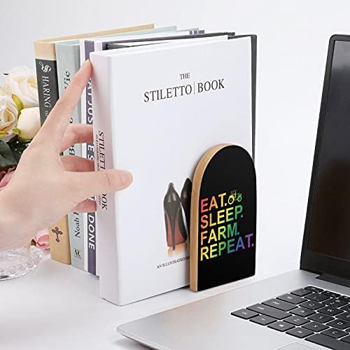 Eat Sleep Farm Repele Book Terming para prateleiras Titular de suportes de madeira para livros pesados ​​Divisor moderno decorativo 1 par