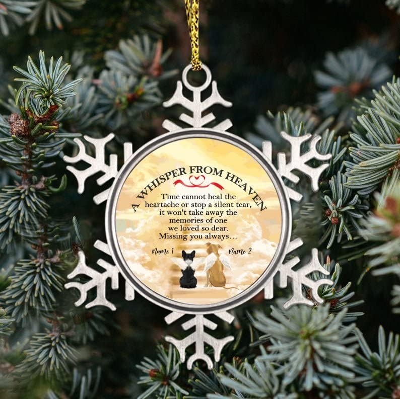 Um sussurro do céu Card. Nome do cão enfeite, Memorial Pet Theme Metal Christmas Tree Ornamento de 3 polegadas, Ornamento do tema