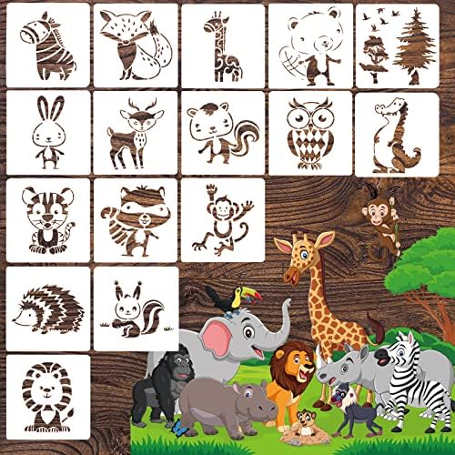 16 PCS Animais estênceis de estênceis reutilizáveis ​​esquilos de coelho Lion Pintura de estêncil Modelo de desenho