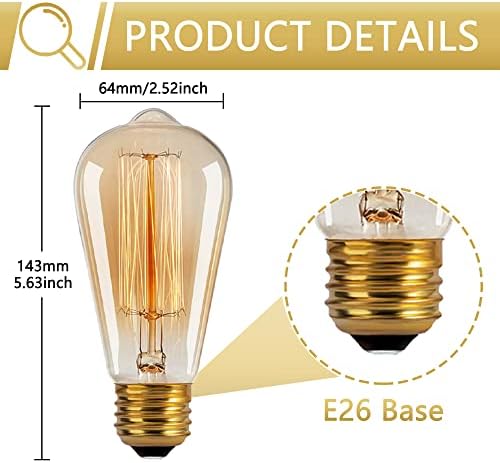 ST64 Retro Edison Bulb 40W, 6 pacotes, 110-130V, E26/E27 Base Dimmable, Edison Bulb 6 pacotes, 2200k âmbar quente