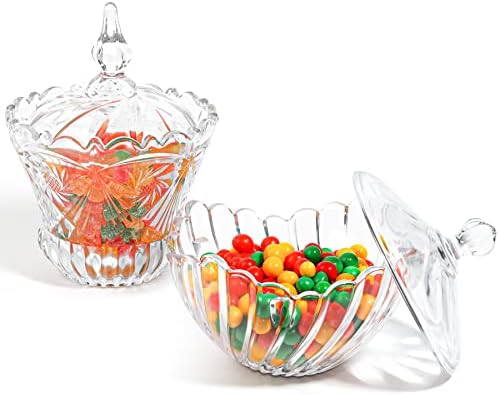 Prato de doces de vidro grande coma com tampa （2 pacote, tigela de doces coberta clara, jarro de doce de cristal para mesa