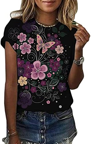 Camiseta casual da moda feminina em toda a floral estampado blusas tripulantes de picada curta