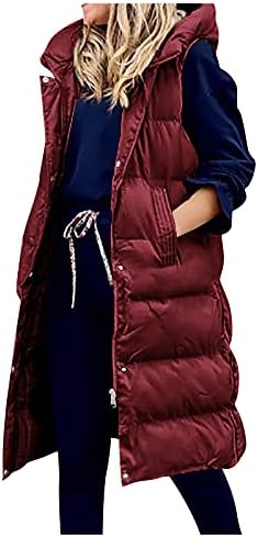 Colete de puffer com capuz comprido e com capuz para mulheres de tamanho grande casaco de zíper casual acolchoado de inverno acolchoado