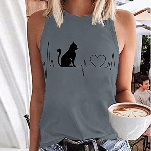 Tampas de verão femininas, feminino casual solto o pescoço gato estampado com tanques de mangas impressos camisas de colete de tanques